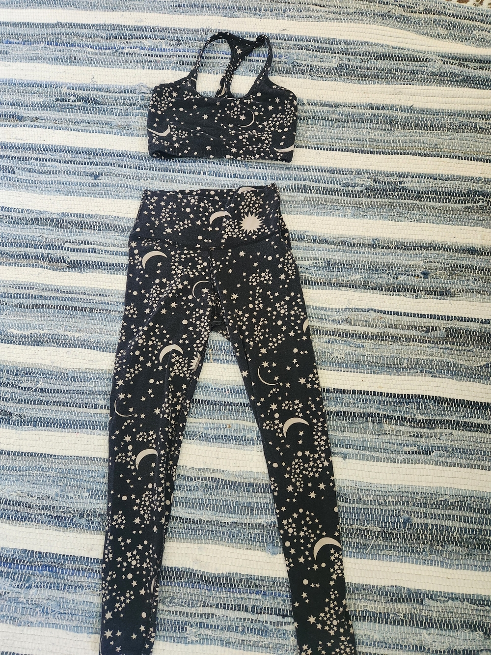 Electric & Rose Black Leggings and Sports Bra with Beige Celestial Print